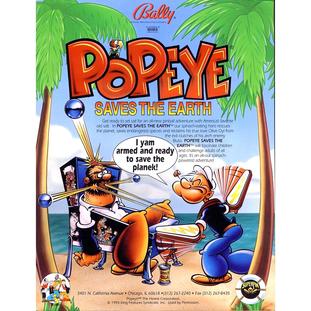 Popeye Saves The Earth Pinball FLYER Original Game 1994 Sailor Man Comic Artwork